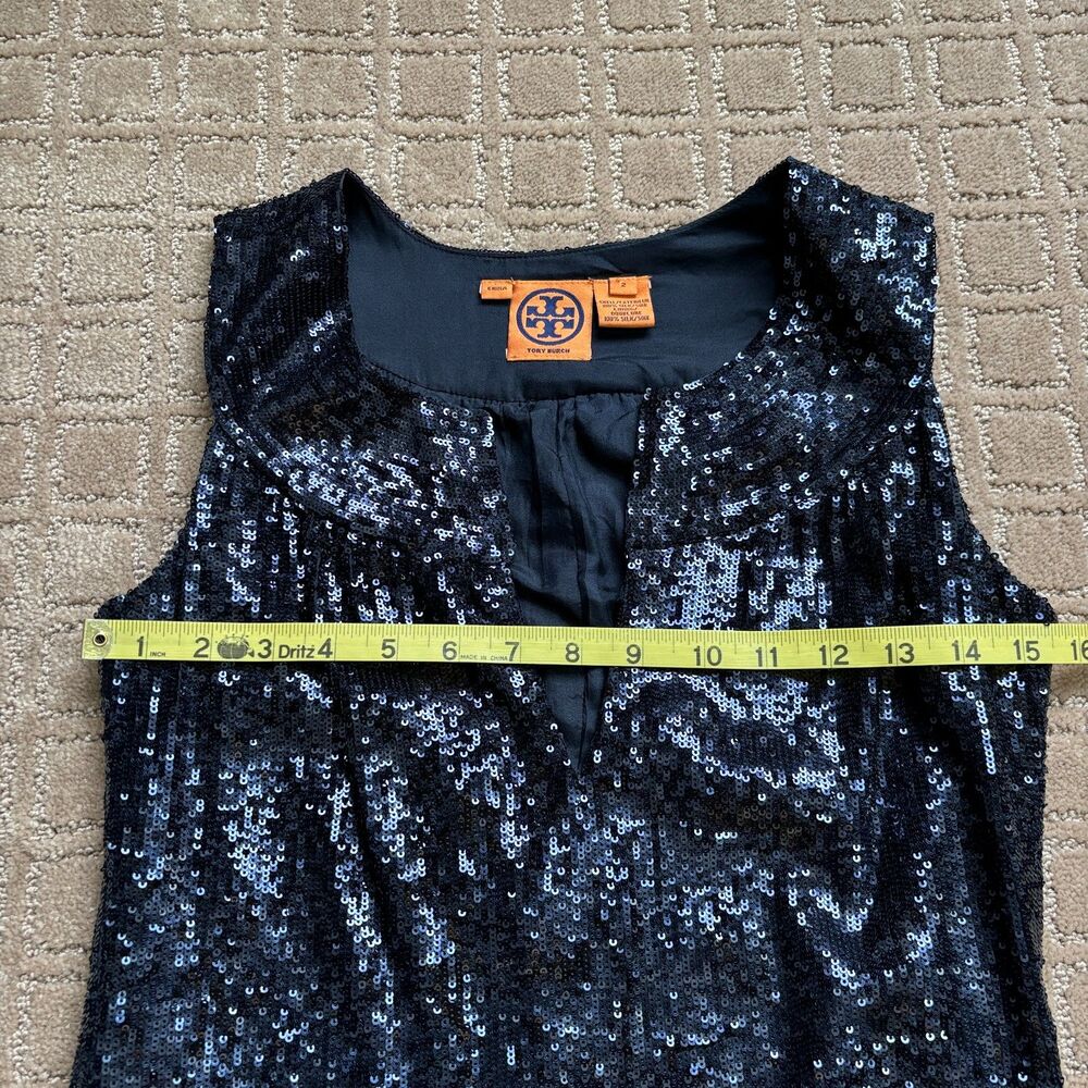 Tory Burch Sequin Cocktail Dress Womens 2 Sleeveless Metallic Navy Blue Silk NYE - Picture 9 of 11